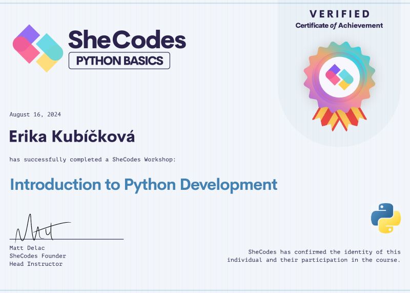 Certificate SheCodes Python Basics | Erika Kubíčková